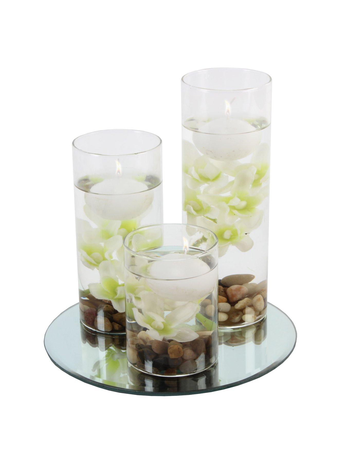 Hestia Set Of 3 Floating Candles With Vases And White Flowers On A