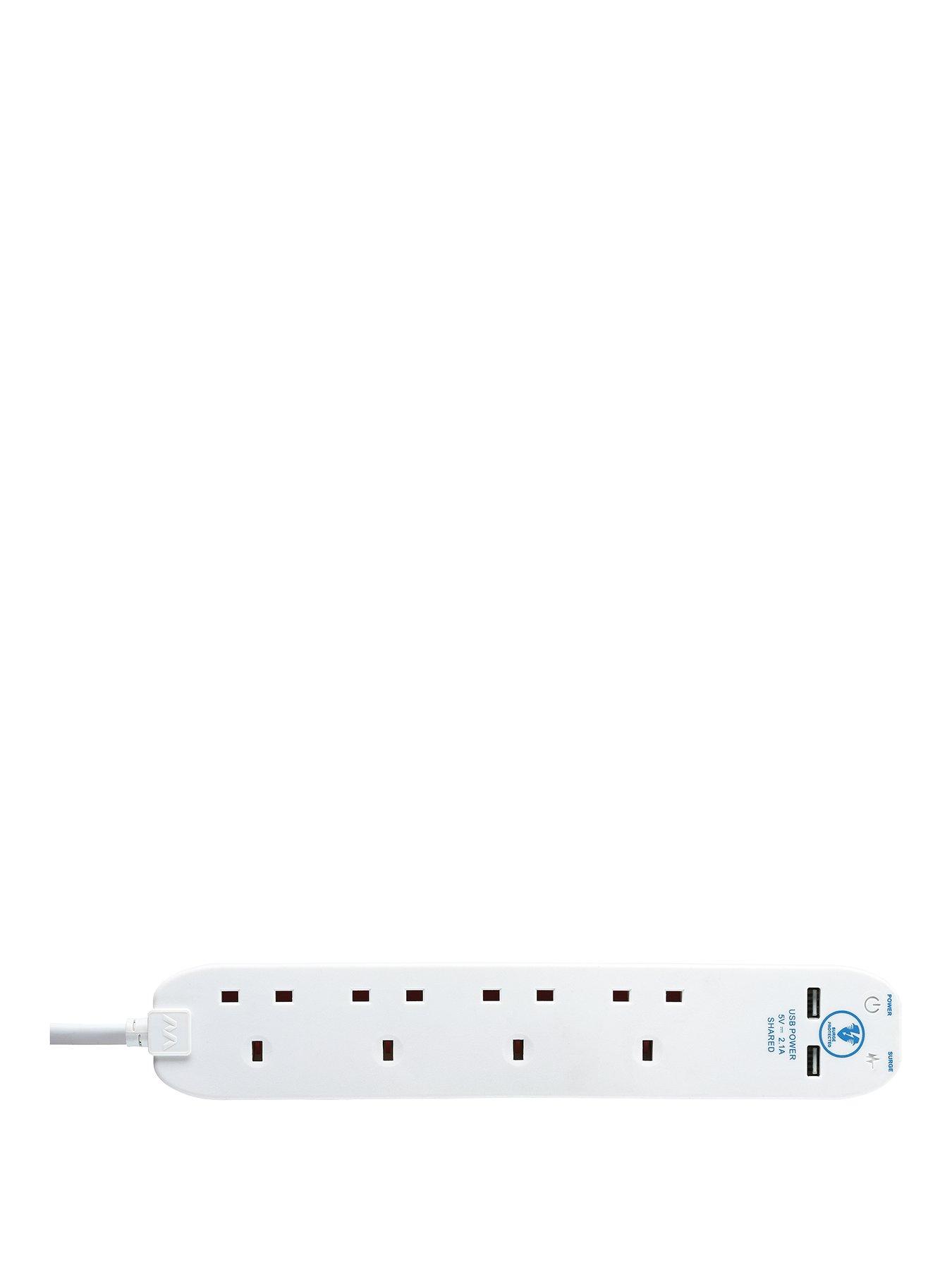 Masterplug 1 M 4 Gang Compact Surge Extension Lead with 2x 2.1 A USB BLANC