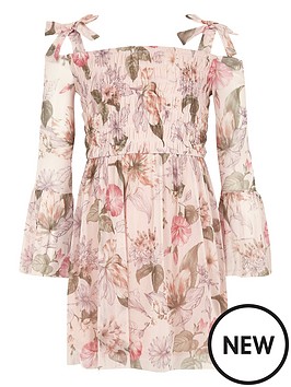 River Island Girls Pink Floral Bell Sleeve Bardot Dress ...