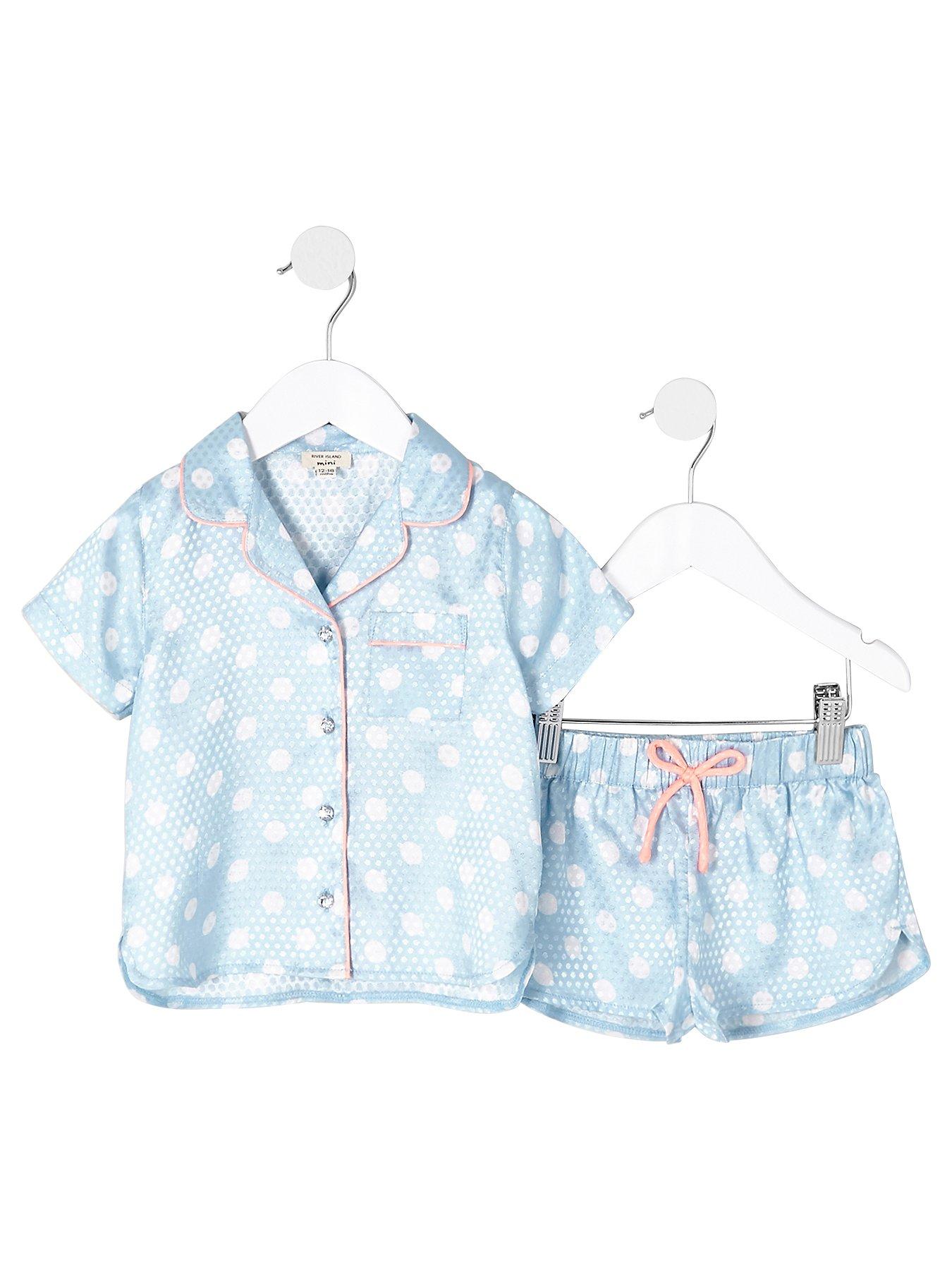 River Island Mini Mini Girls Blue Polka Dot Pyjama Shirt Set