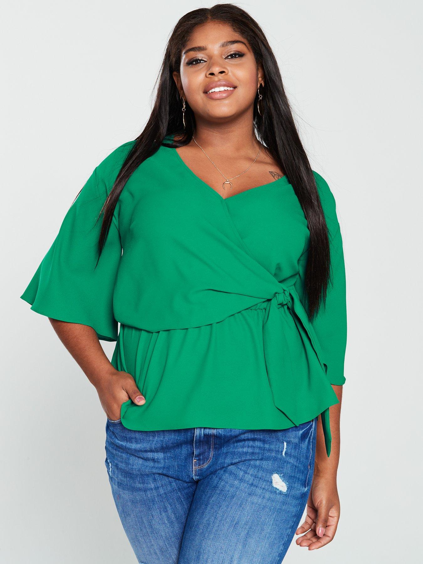 V By Very Curve Drape Wrap Satin Blouse Emerald
