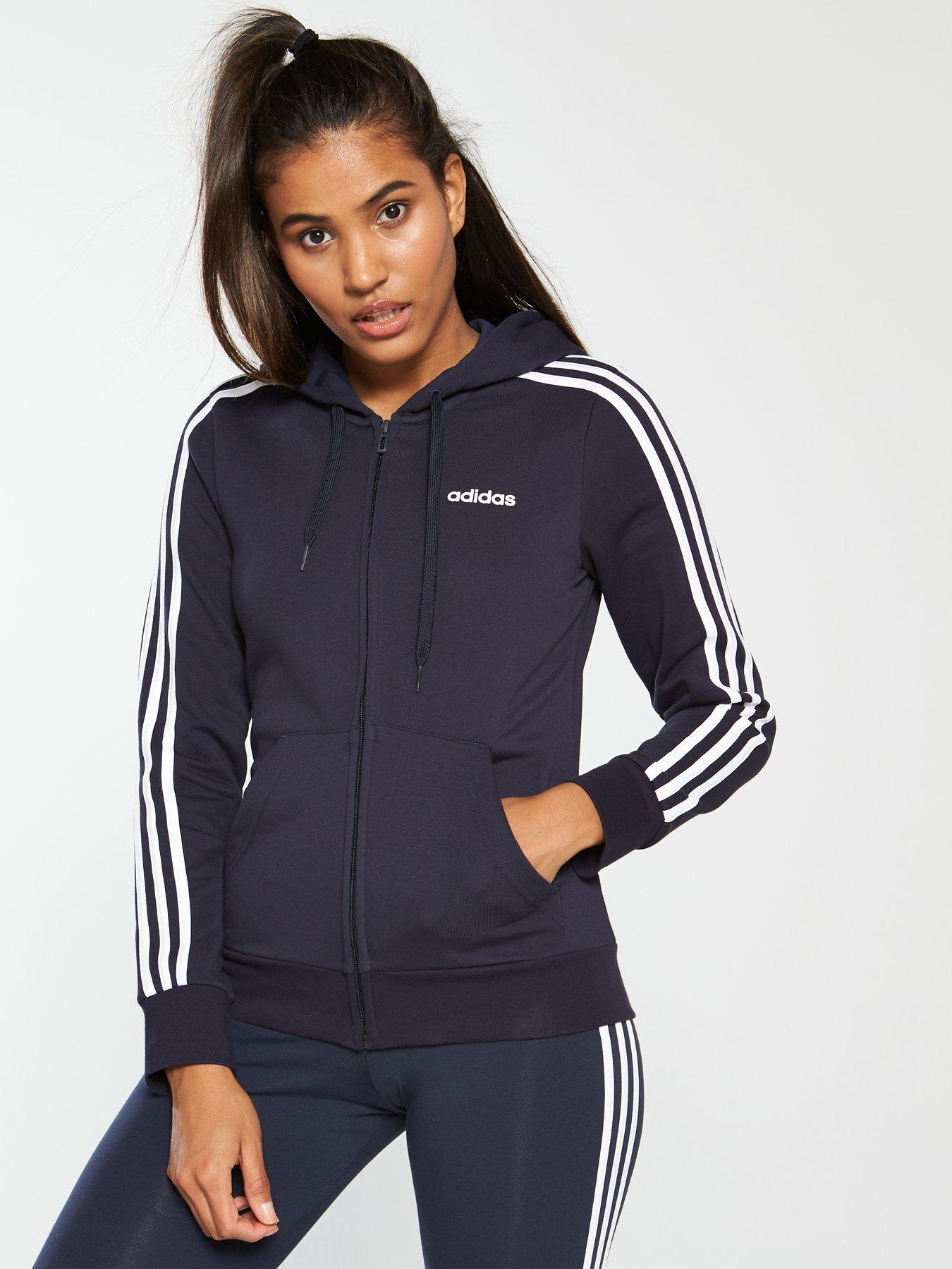 adidas essentials 3 stripe full zip hoodie