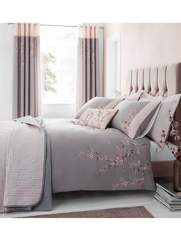 Catherine Lansfield Embroidered Blossom, Grey Duvet Cover Set King Size