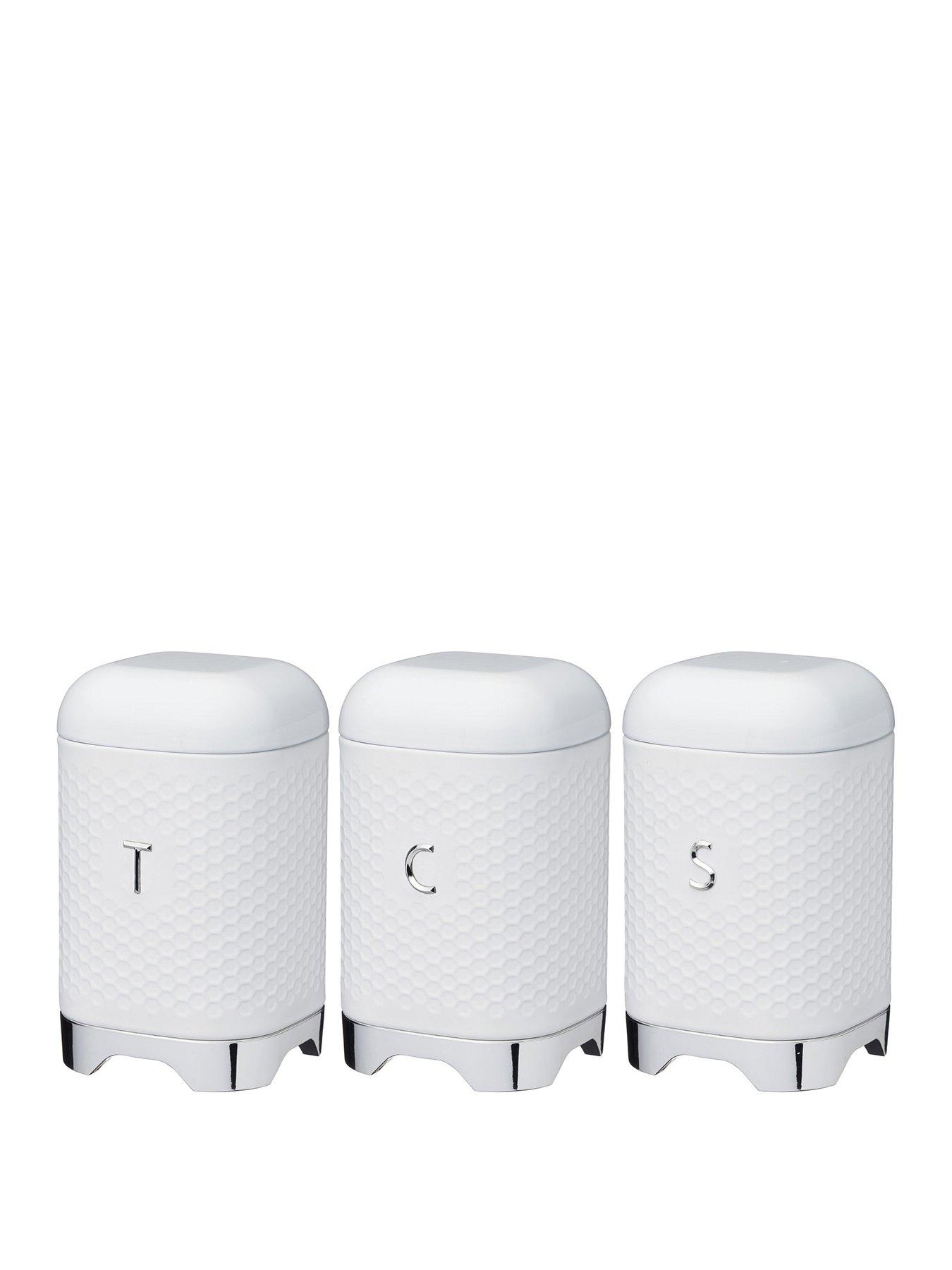 white and grey tea coffee sugar canisters