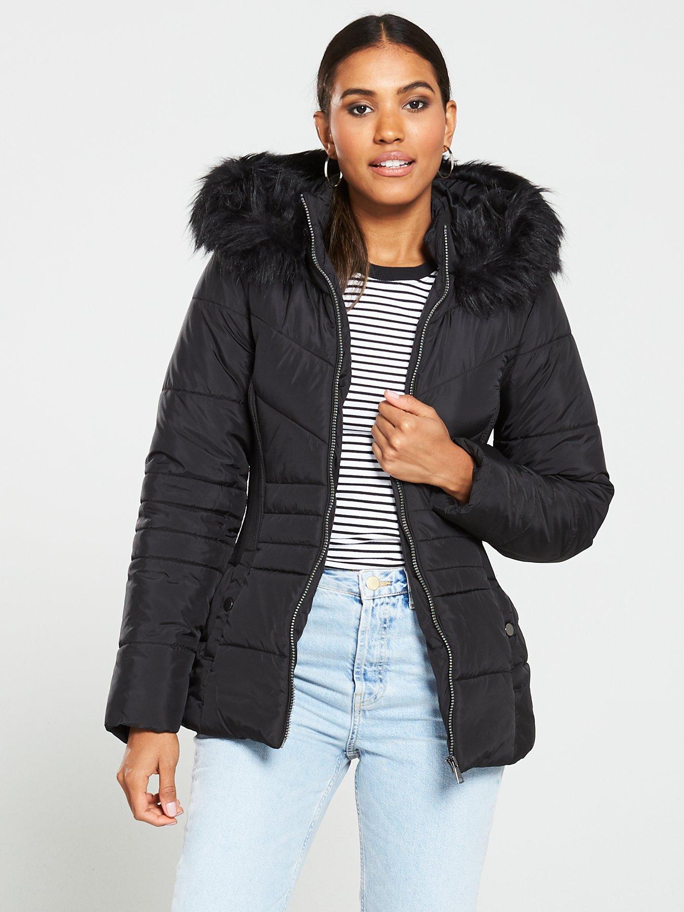 short black puffer coat with fur hood