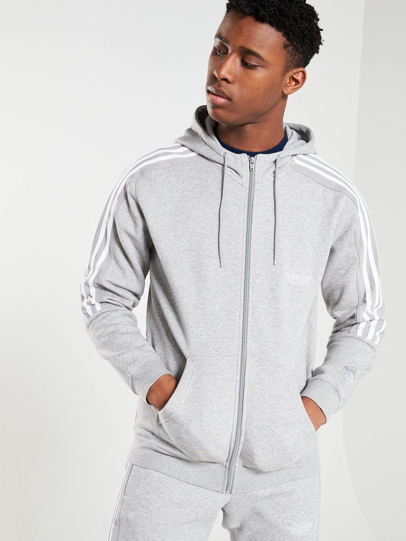 grey adidas hoodie with white stripes