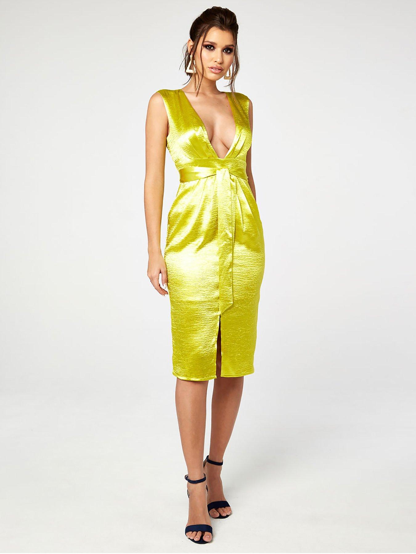 mustard satin pleated midi dress