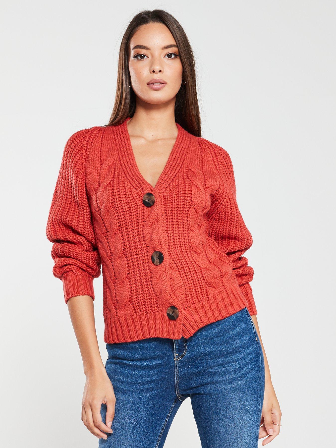 V By Very Chunky Cable Knit Cardigan Rust Red Littlewoodsireland Ie