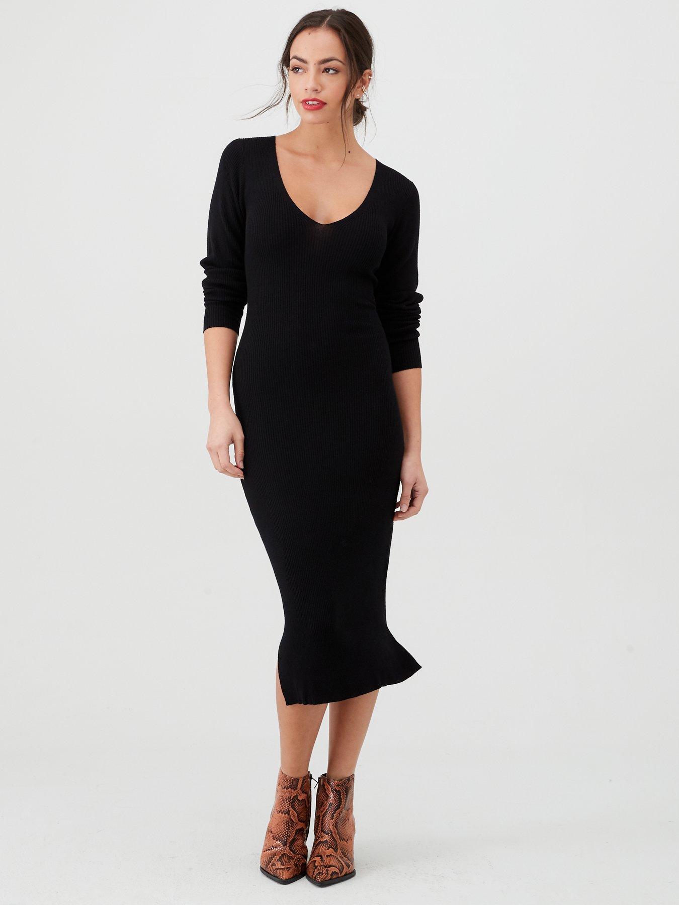 knitted black midi dress