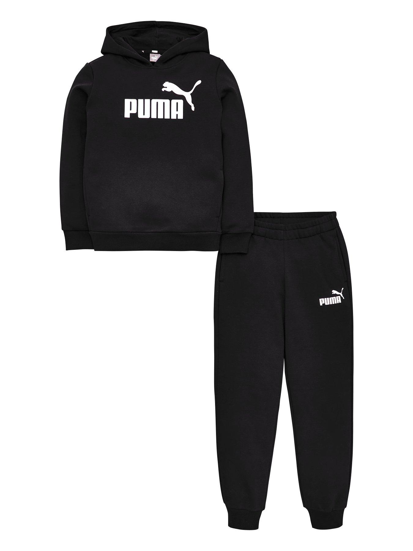 Puma Essentials Logo Hooded Sweat Suit - Black | littlewoodsireland.ie
