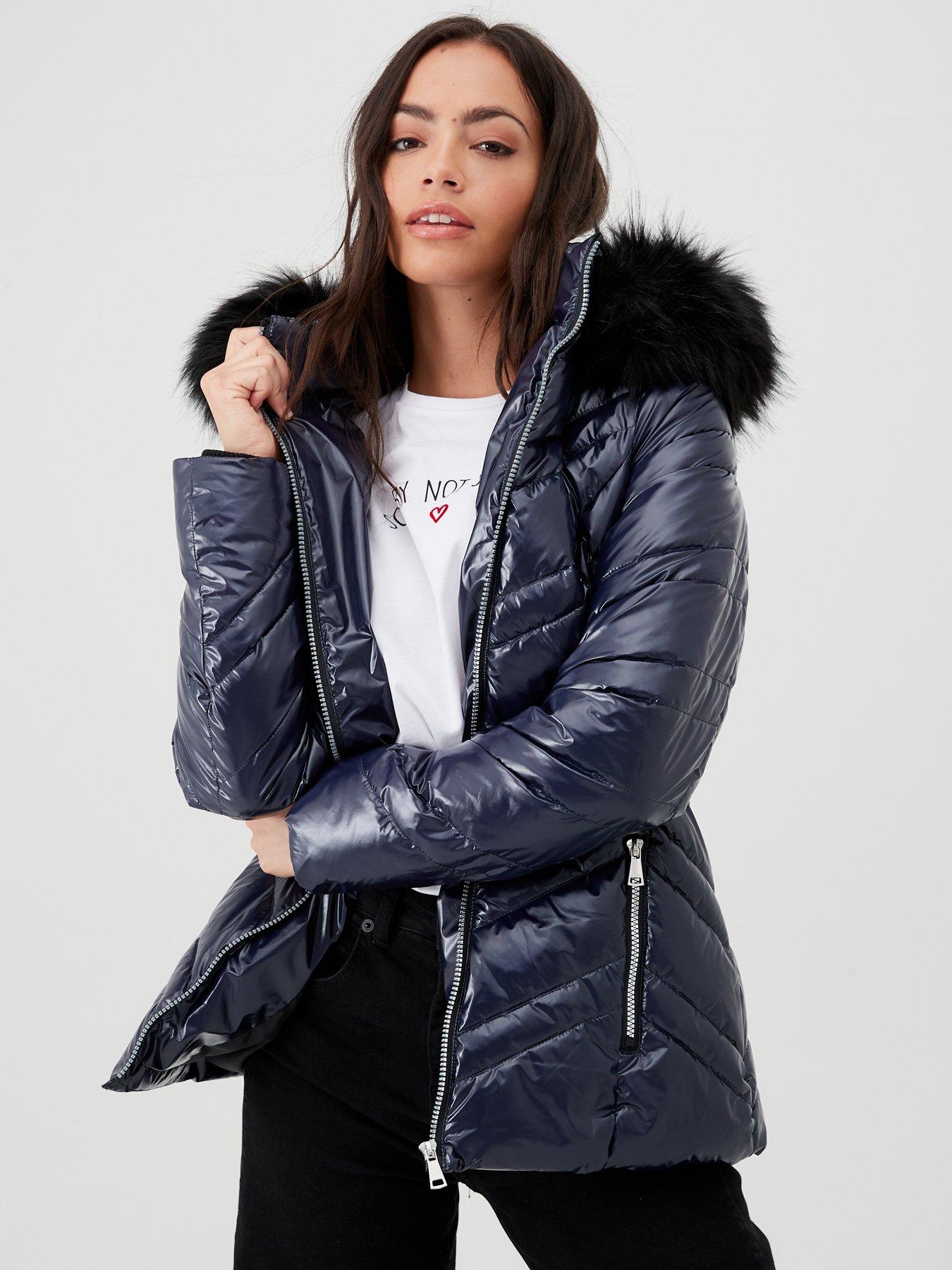 navy padded coat fur hood