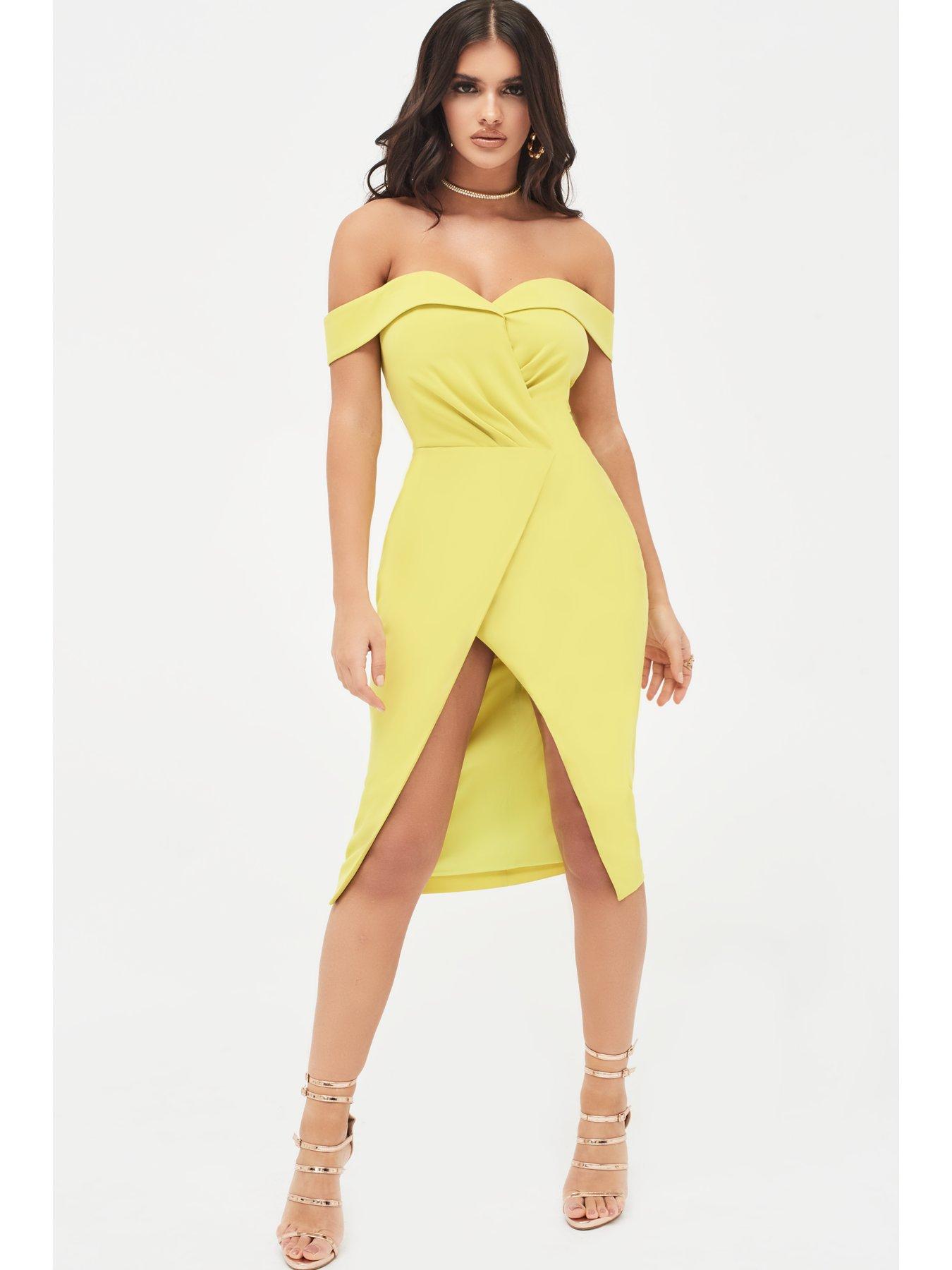 lavish alice pleated bardot and draped belt midi dress