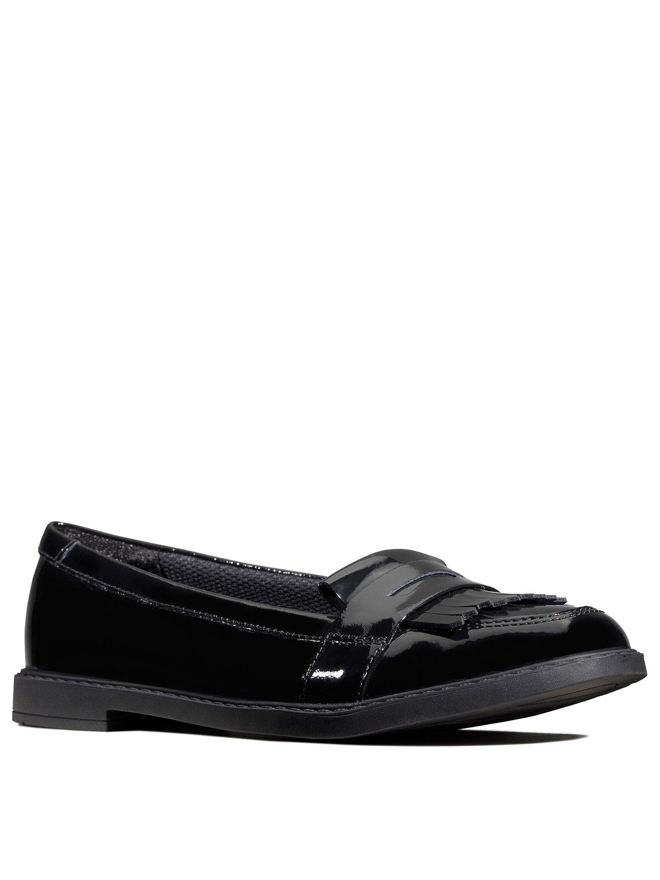 Clarks Ladies Feya Island Black Patent Leather With Frill Detail Ballerina Pump