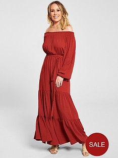 1600364091: Kate Wright Bardot Tiered Maxi Dress - Rust 1600364091: Kate Wright Bardot Tiered Maxi Dress - Rust