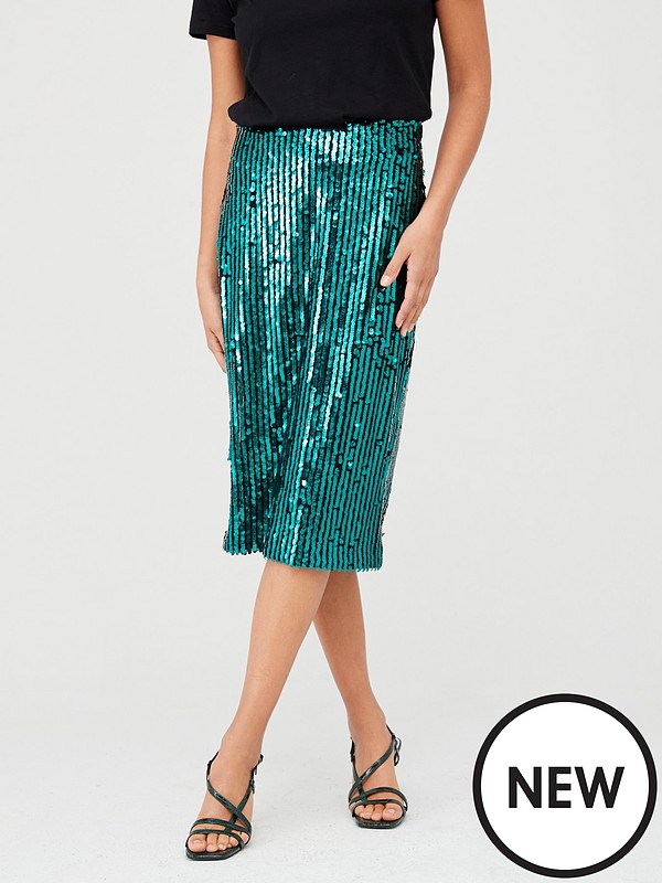 Sequin Stripe Midi Skirt - Green - 
