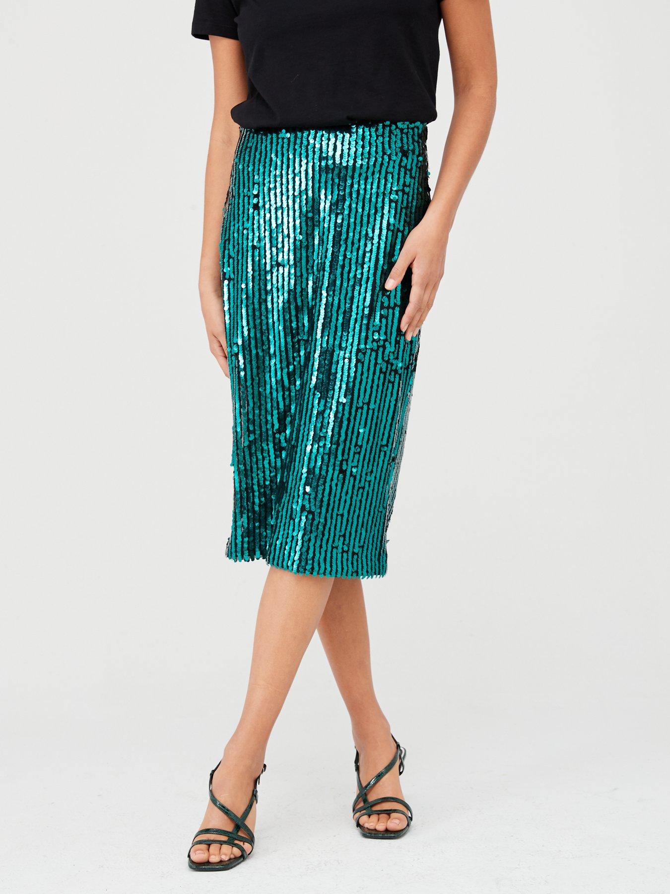 Sequin Stripe Midi Skirt - Green - 
