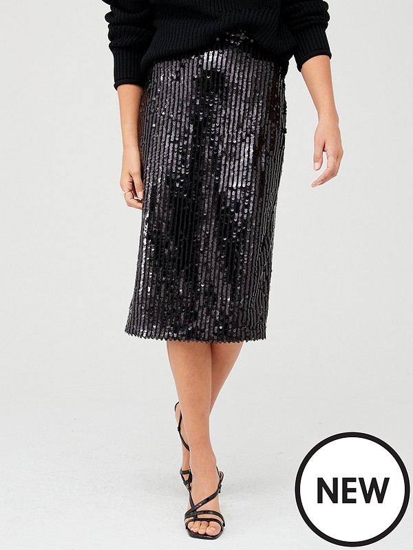 Sequin Stripe Midi Skirt - Black - 