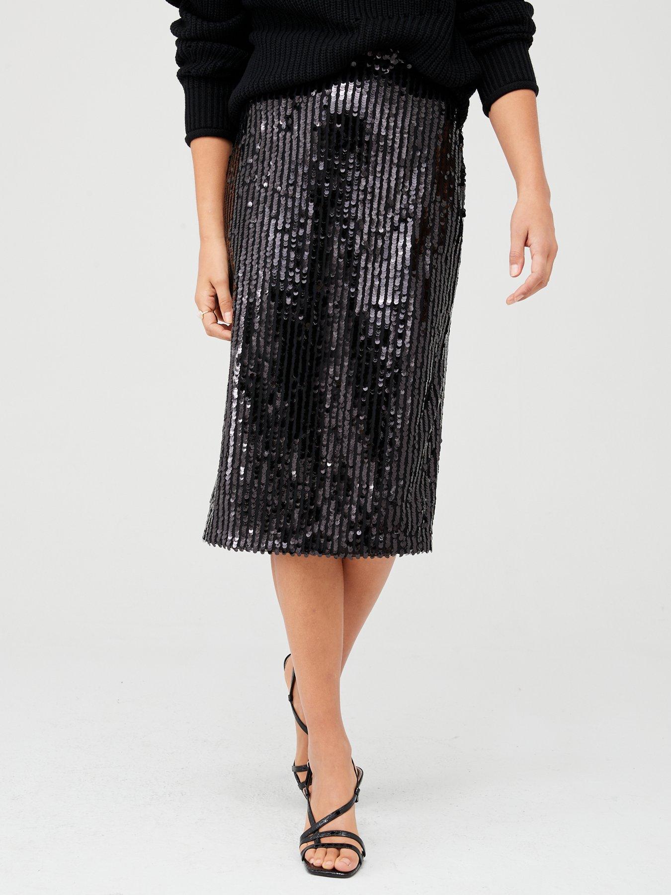 Sequin Stripe Midi Skirt - Black - 