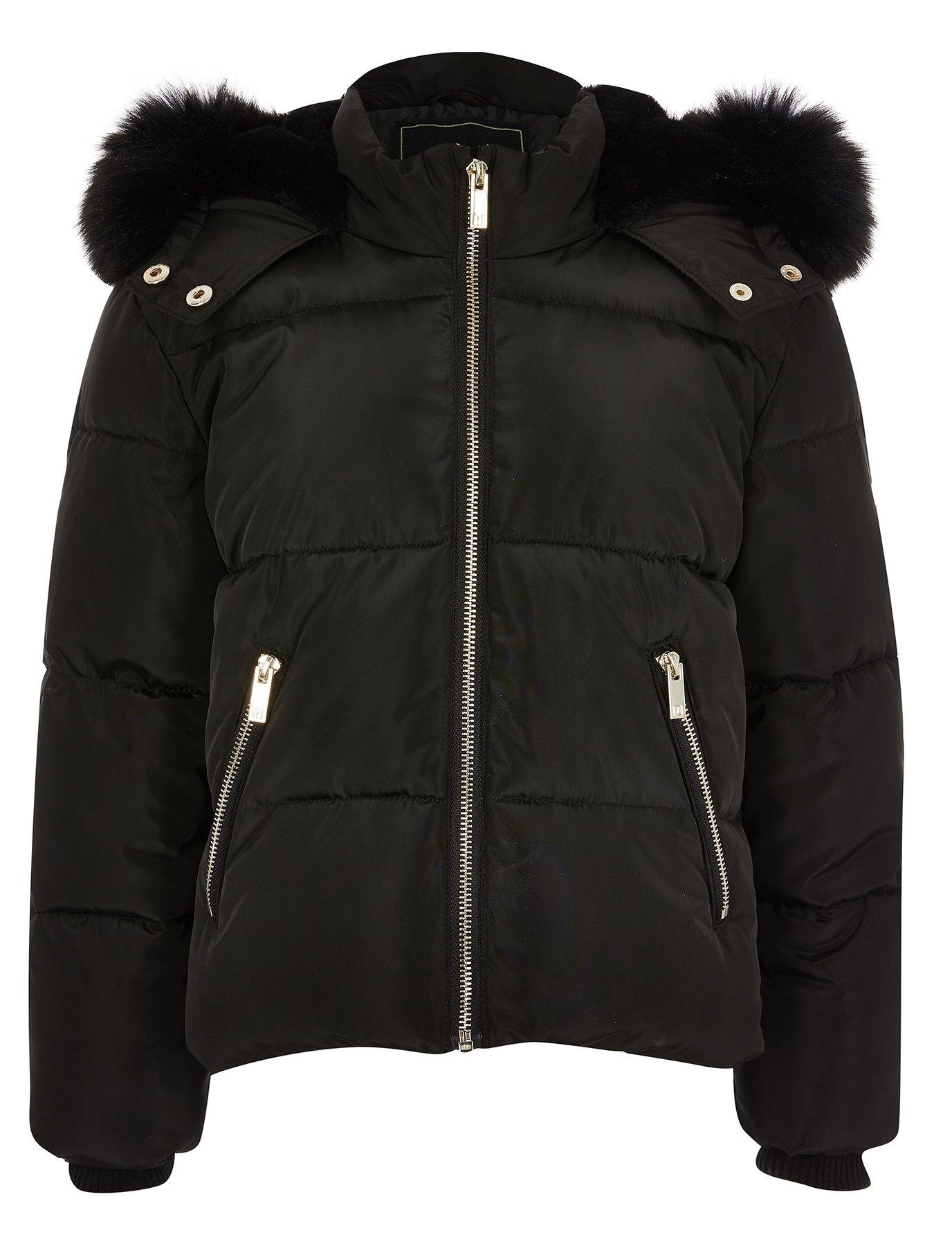 girls black fur hood coat