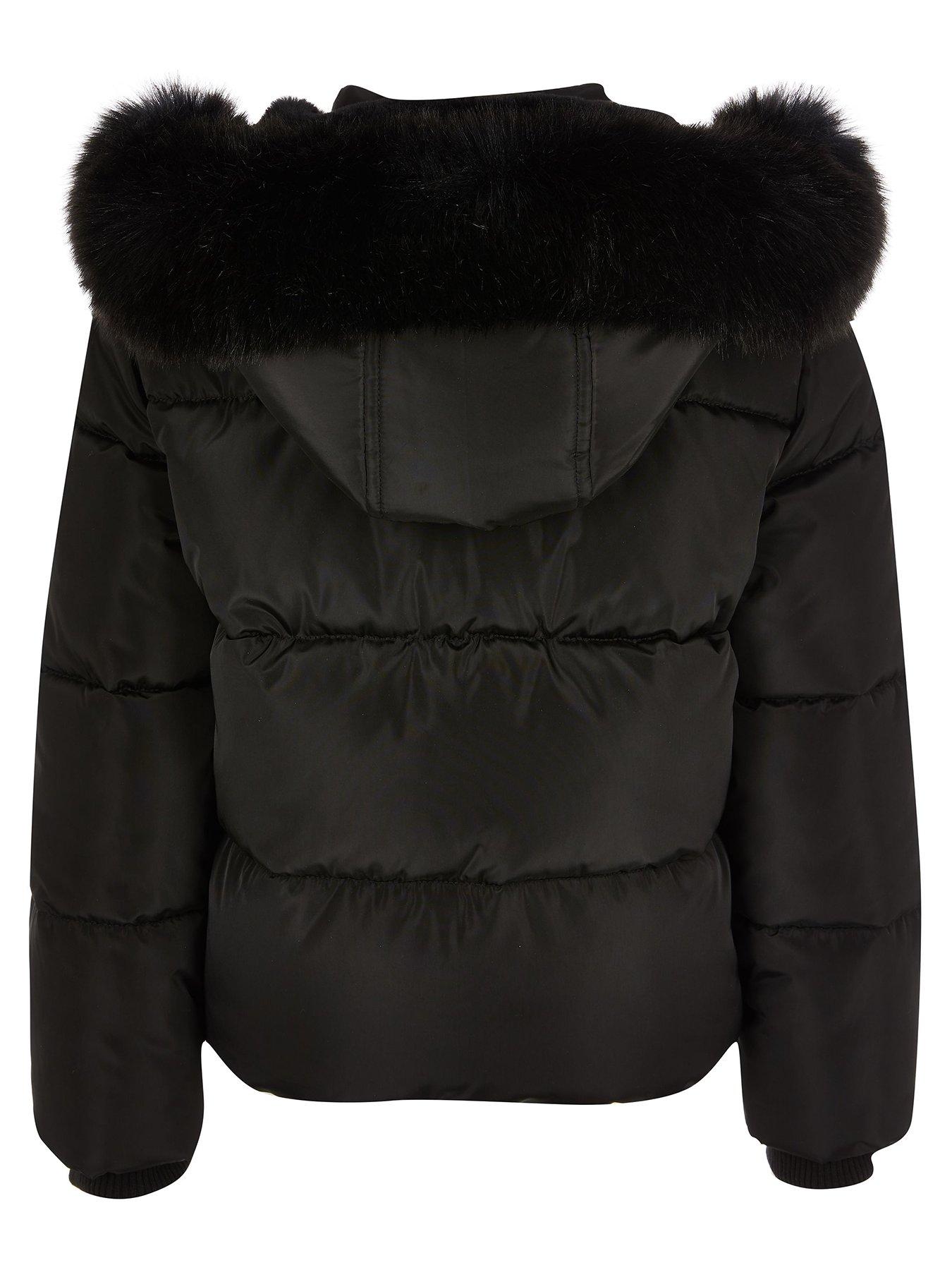 ladies black padded coat with fur hood