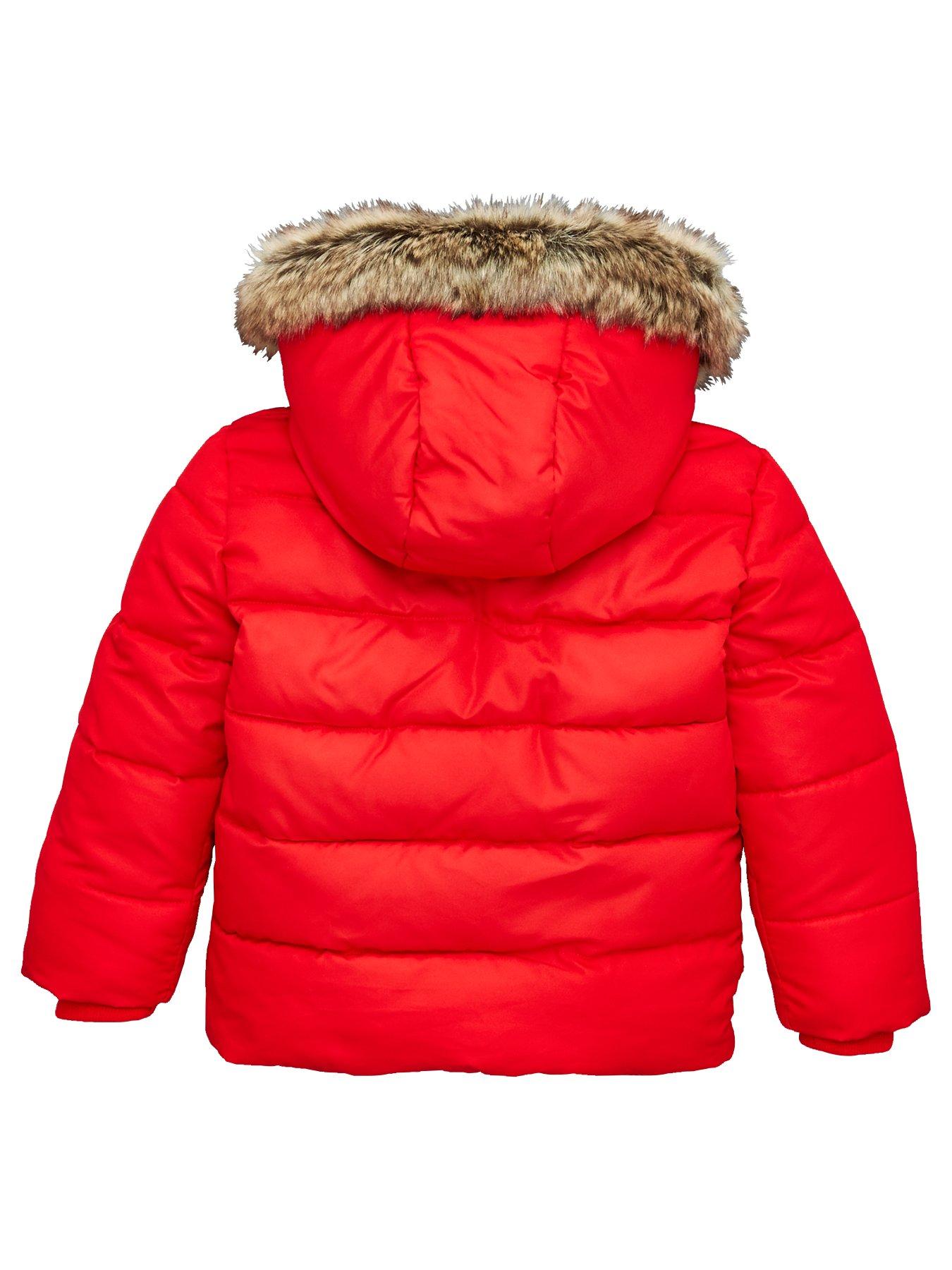 red padded coat with fur hood