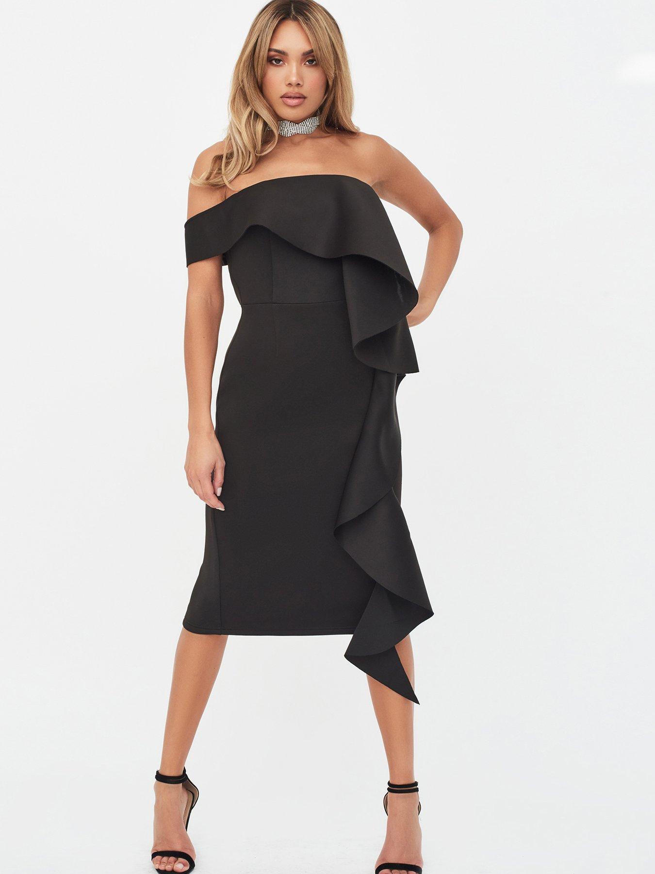 lavish alice one shoulder scuba exaggerated frill midi dress