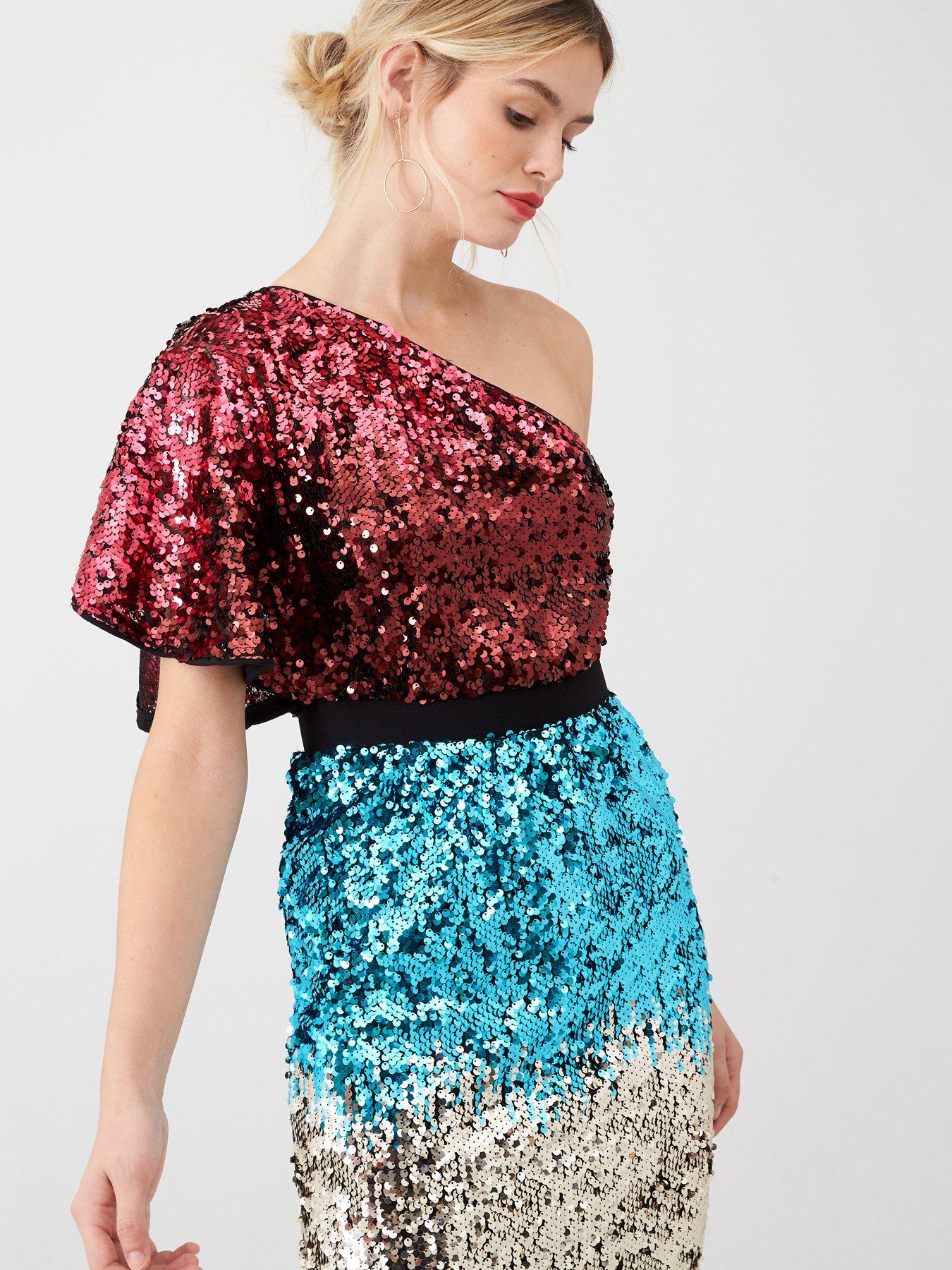 one shoulder multi sequin dress