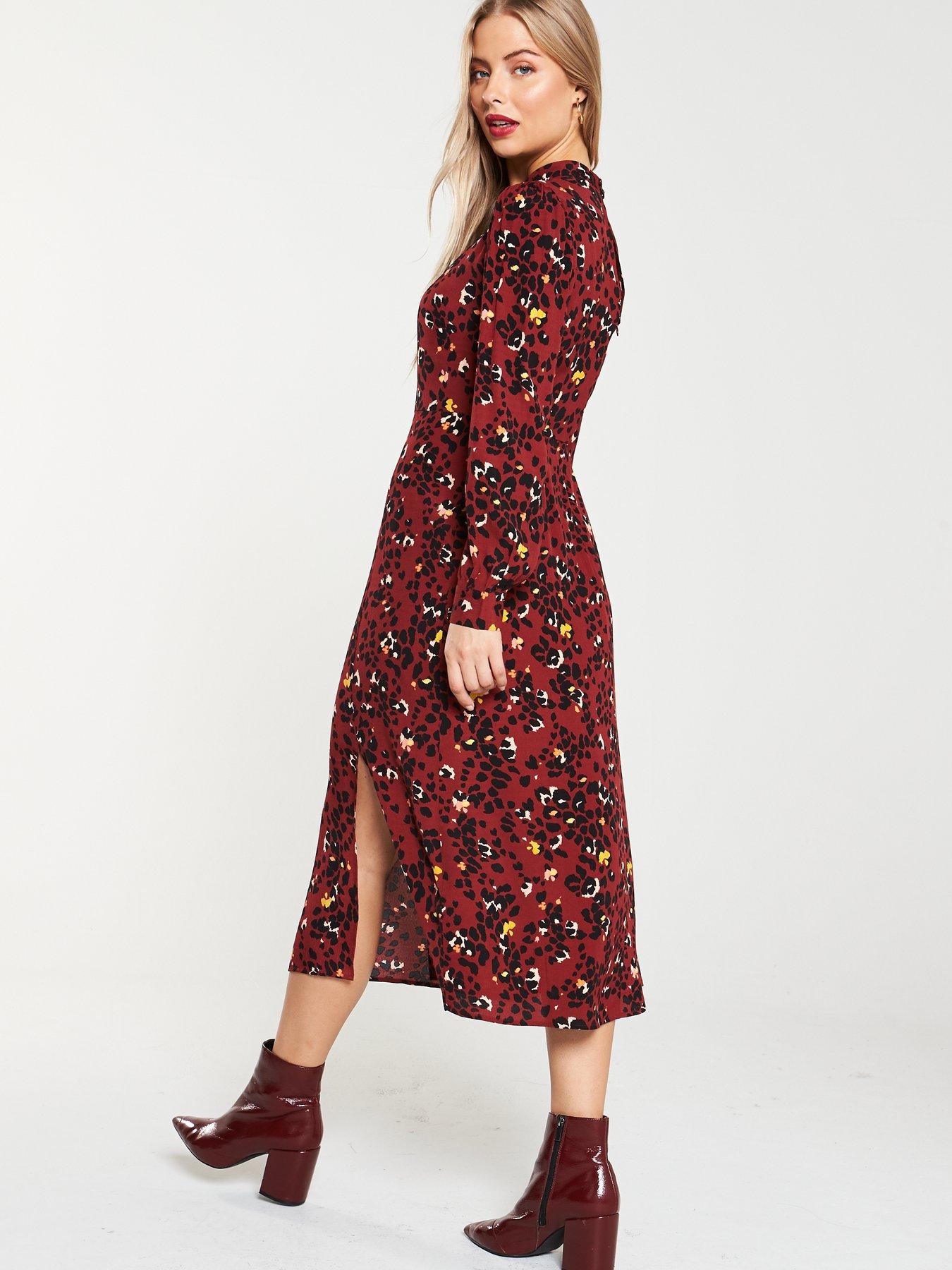 warehouse leopard button midi dress