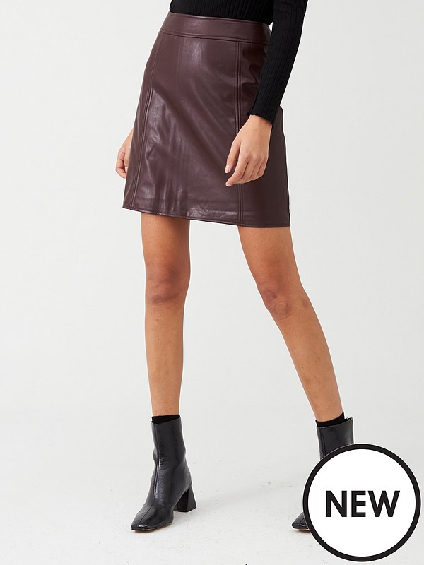 Seamed Detail PU A-line Mini Skirt - Burgundy - 