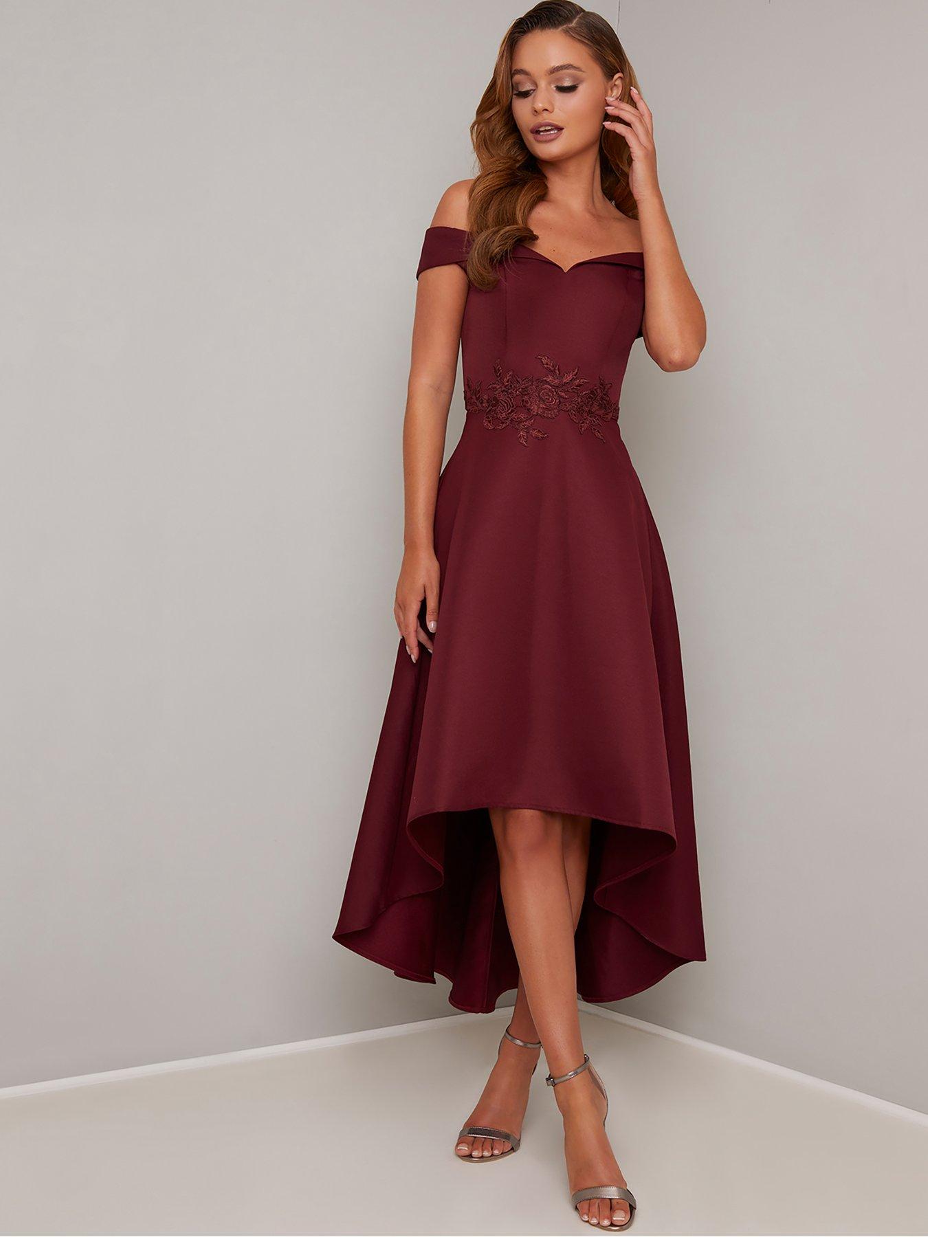 burgundy bardot dress