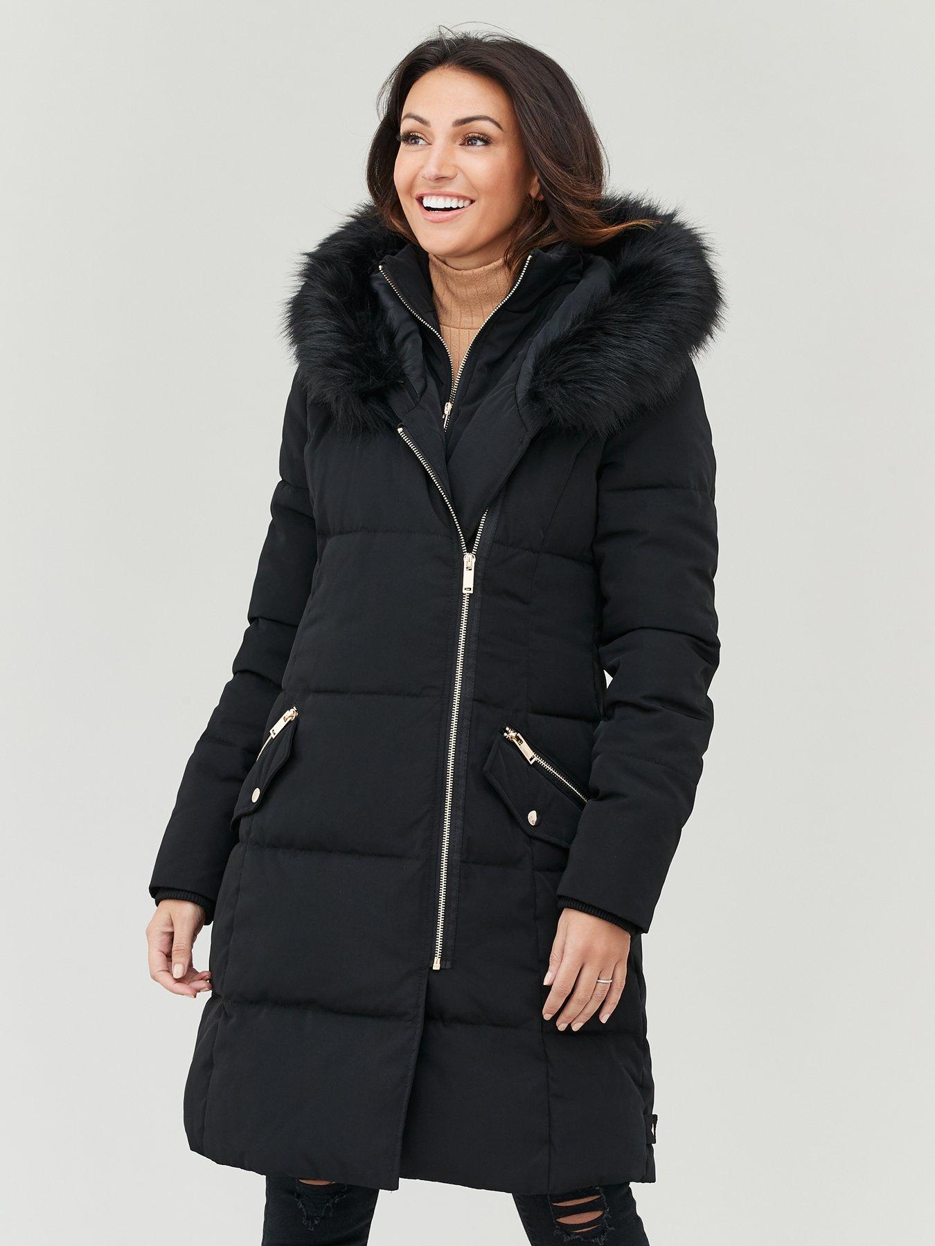 black faux fur trim hooded longline padded coat