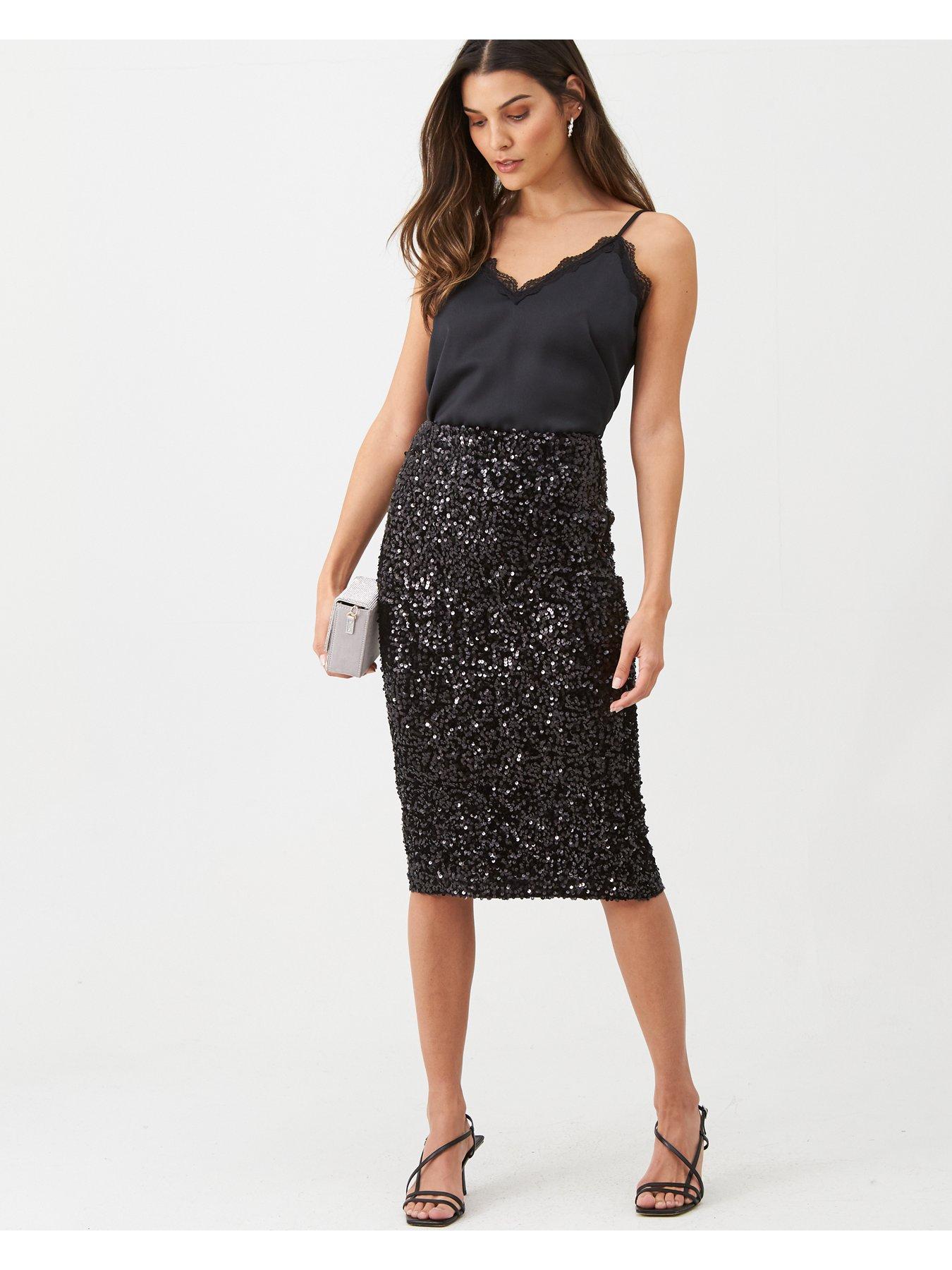 warehouse velvet sequin midi skirt