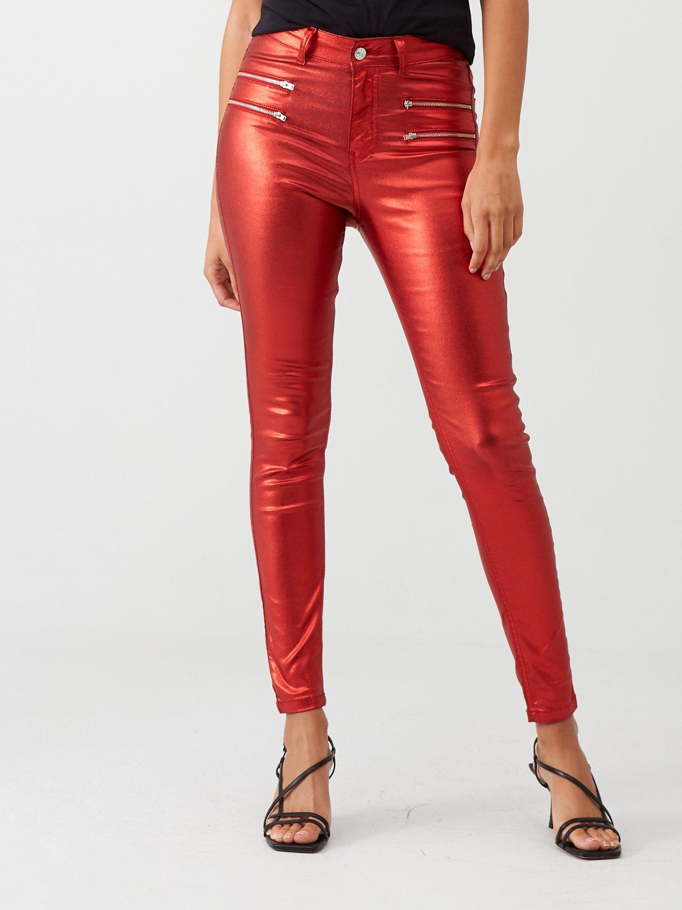 coated red jeans