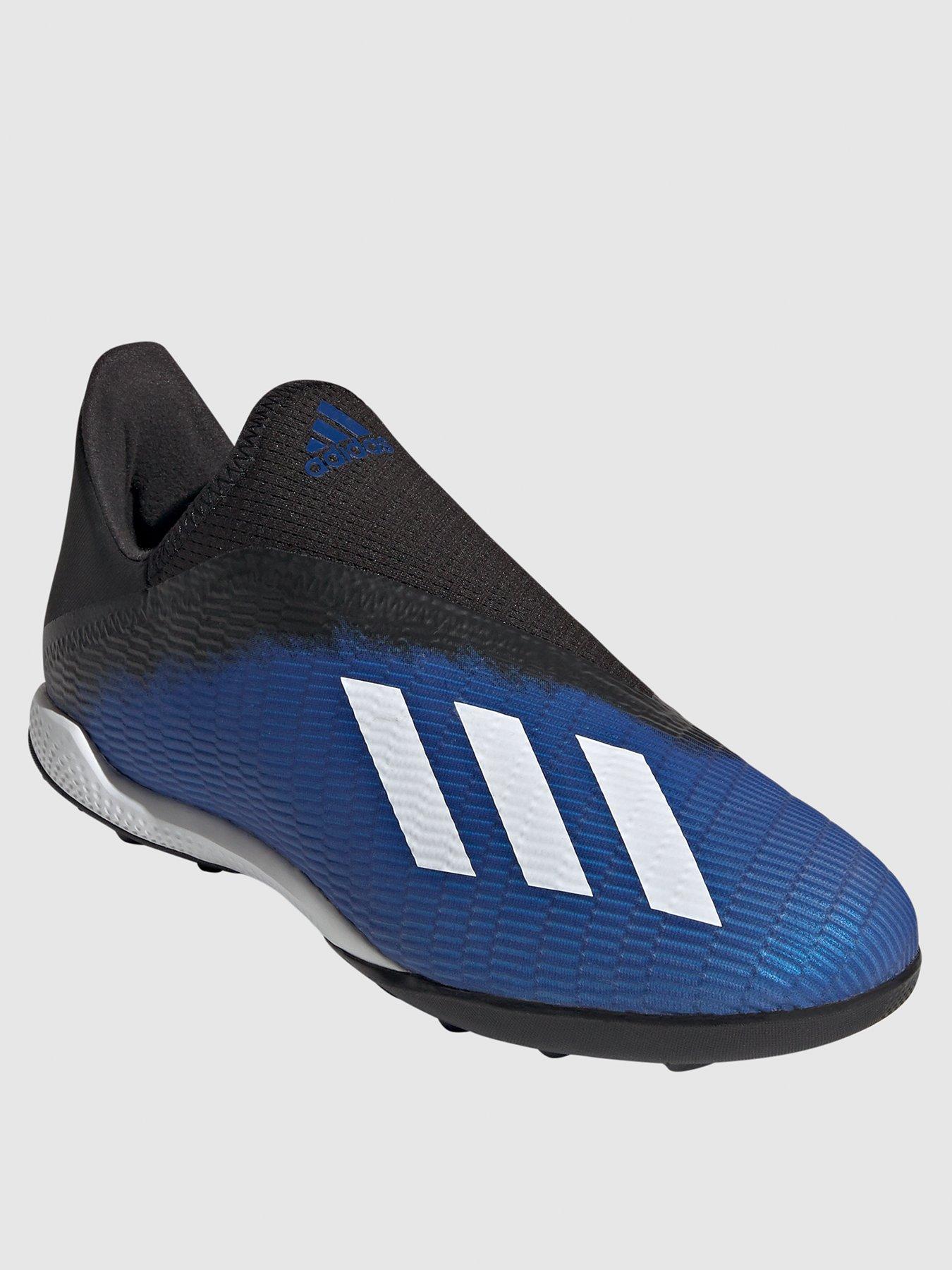 blue laceless football boots