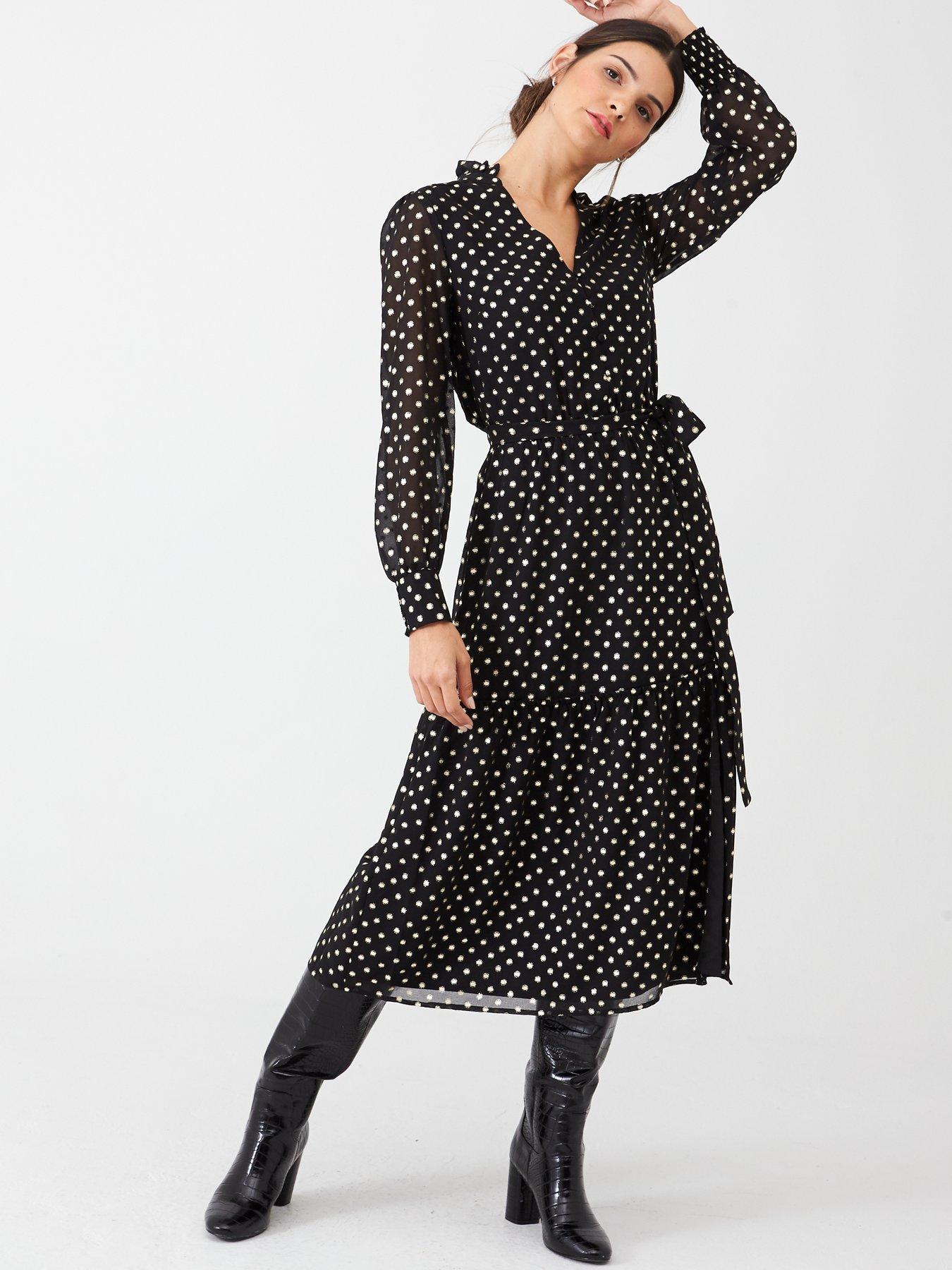 foil spot pleated midi dress