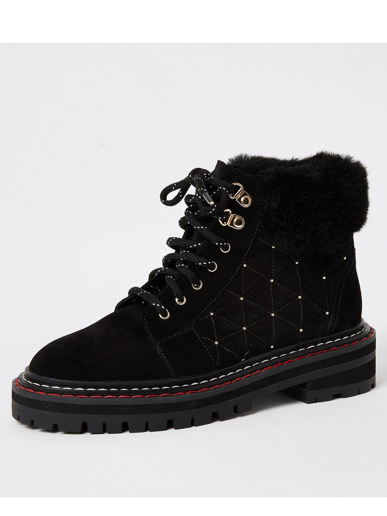 river island lace up flat hiker boot in black