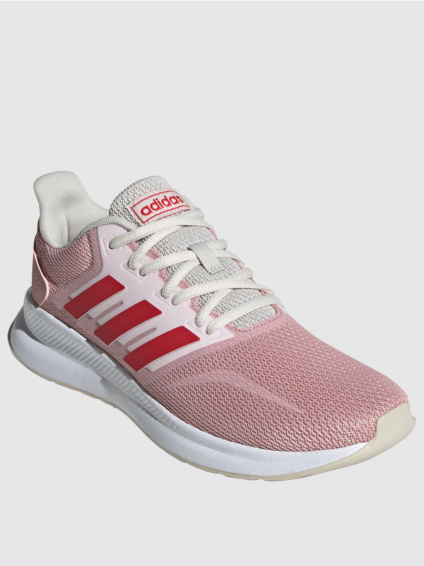 white adidas trainers with pink stripes