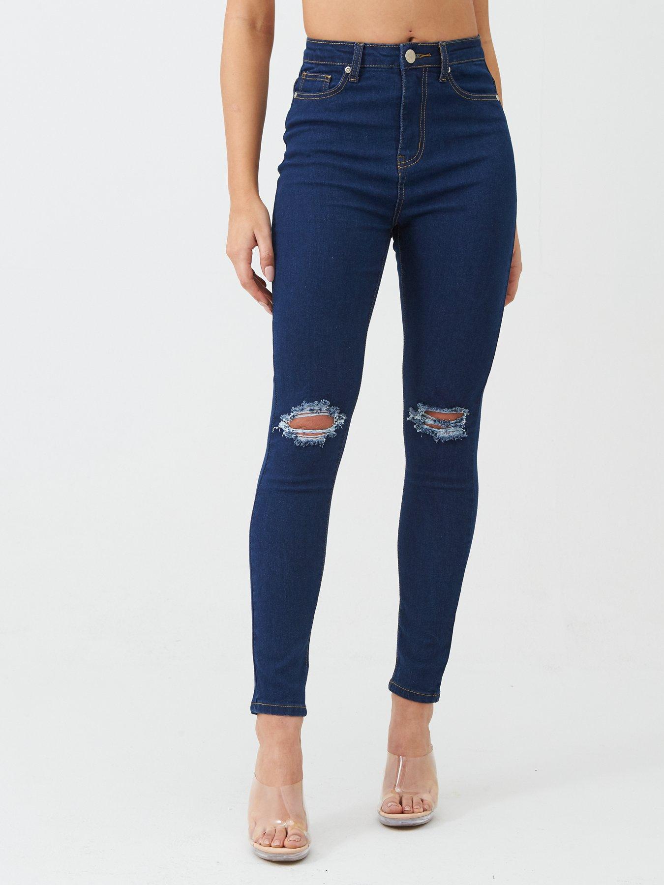 WOMENS LADIES GIRLS HIGH WAISTED EXTREME RIPPED BLUE SKINNY JEANS SIZE 6 TO 16