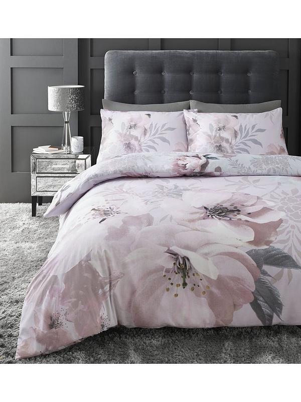 Catherine Lansfield Dramatic Fl, Pink And Grey Duvet Cover