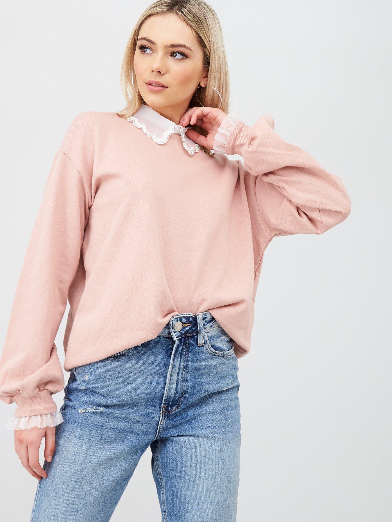 pink sweater with embellished collar