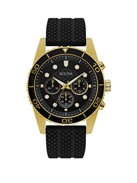 bulova-black-and-gold-chronograph-dial-black-silicone-strap-mens-watch