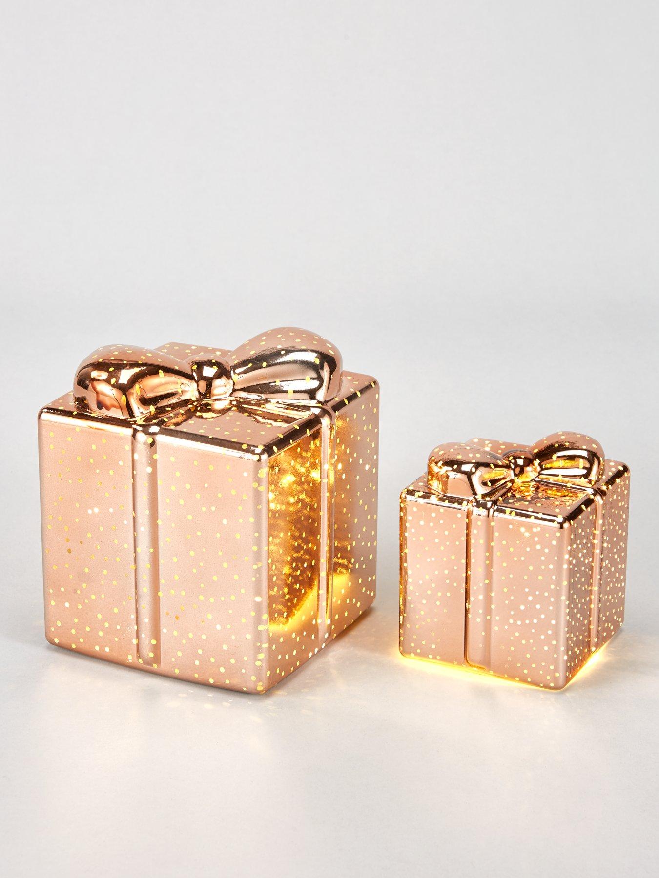 Festive Set Of 2 Parcel Light Up Christmas Decorations Rose Gold Littlewoodsireland Ie