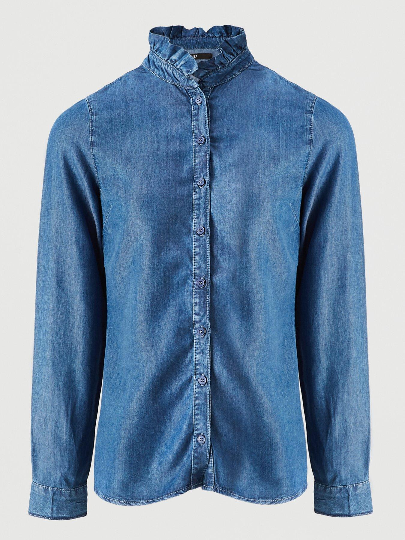 denim shirt with ruffle sleeves