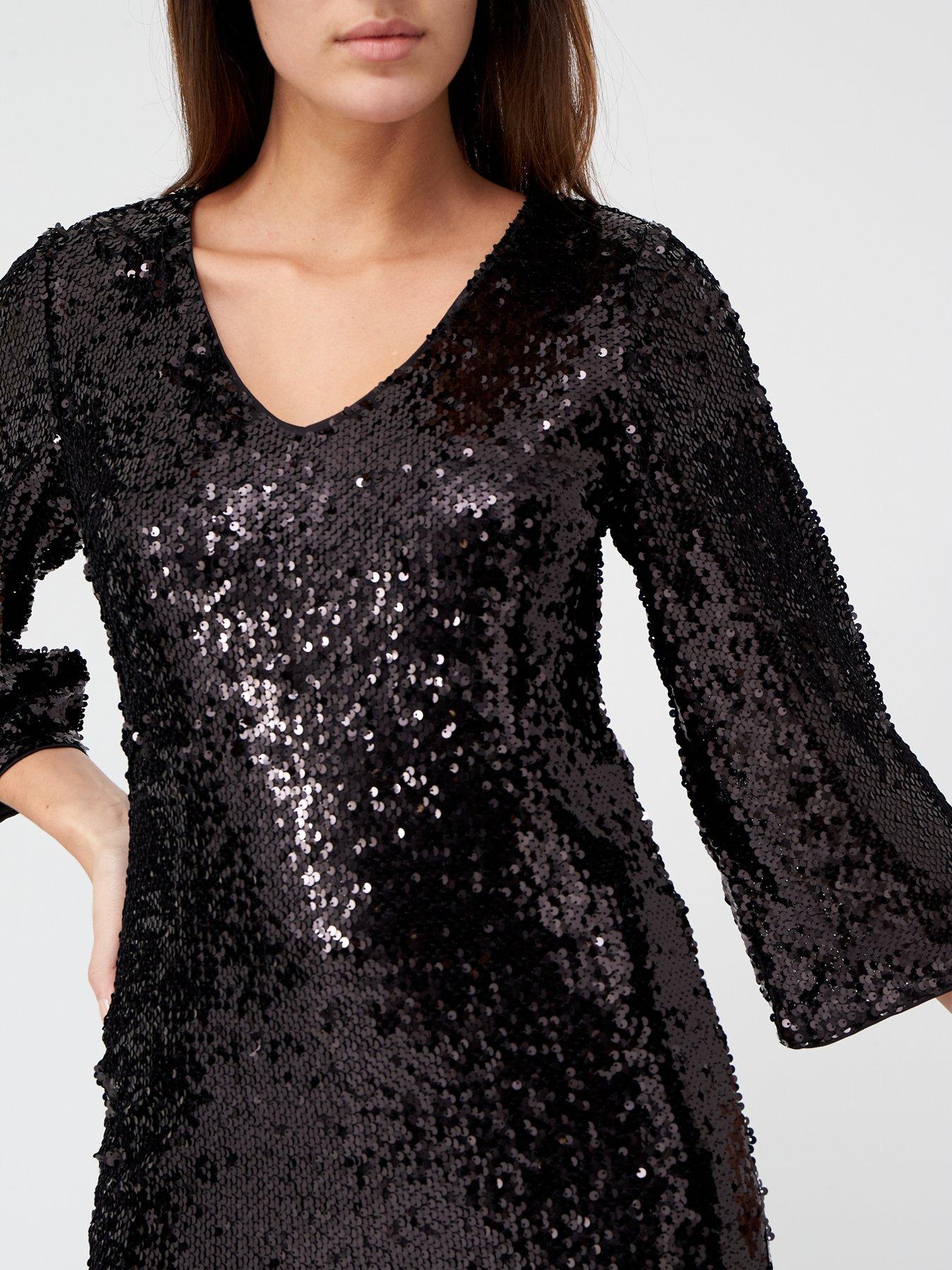 V by Very V Neck Fluted Sleeve Sequin Mini Dress - Black |  littlewoodsireland.ie