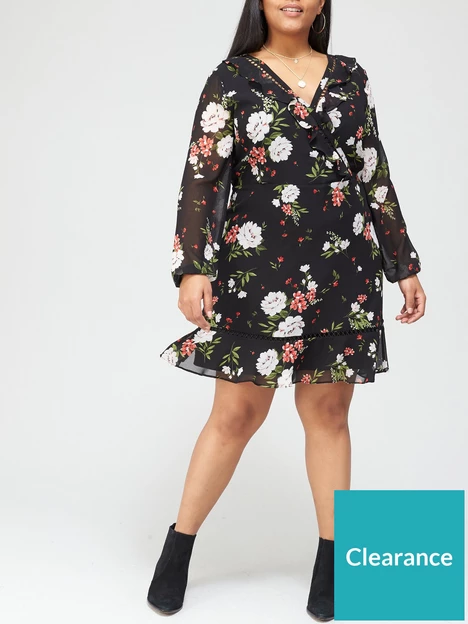 prod1090056305: Lace Trim Long Sleeve Tea Dress - Floral Print