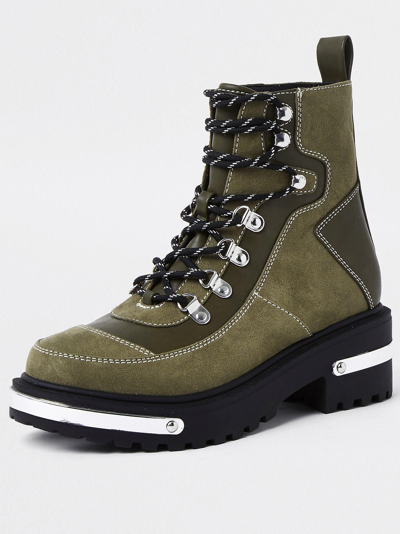 river island lace up flat hiker boot in black
