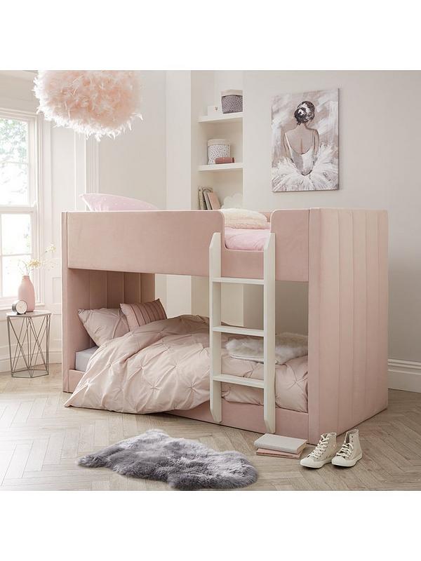 Panelled Velvet Bunk Bed With Mattress, Pink Bunk Beds