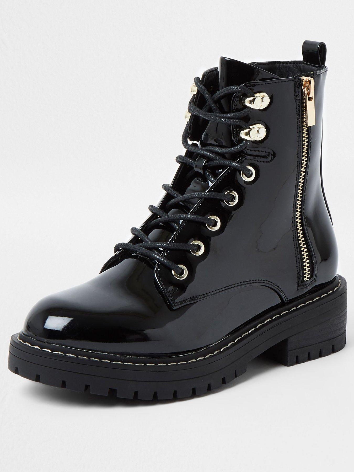 black patent lace up chunky ankle boots