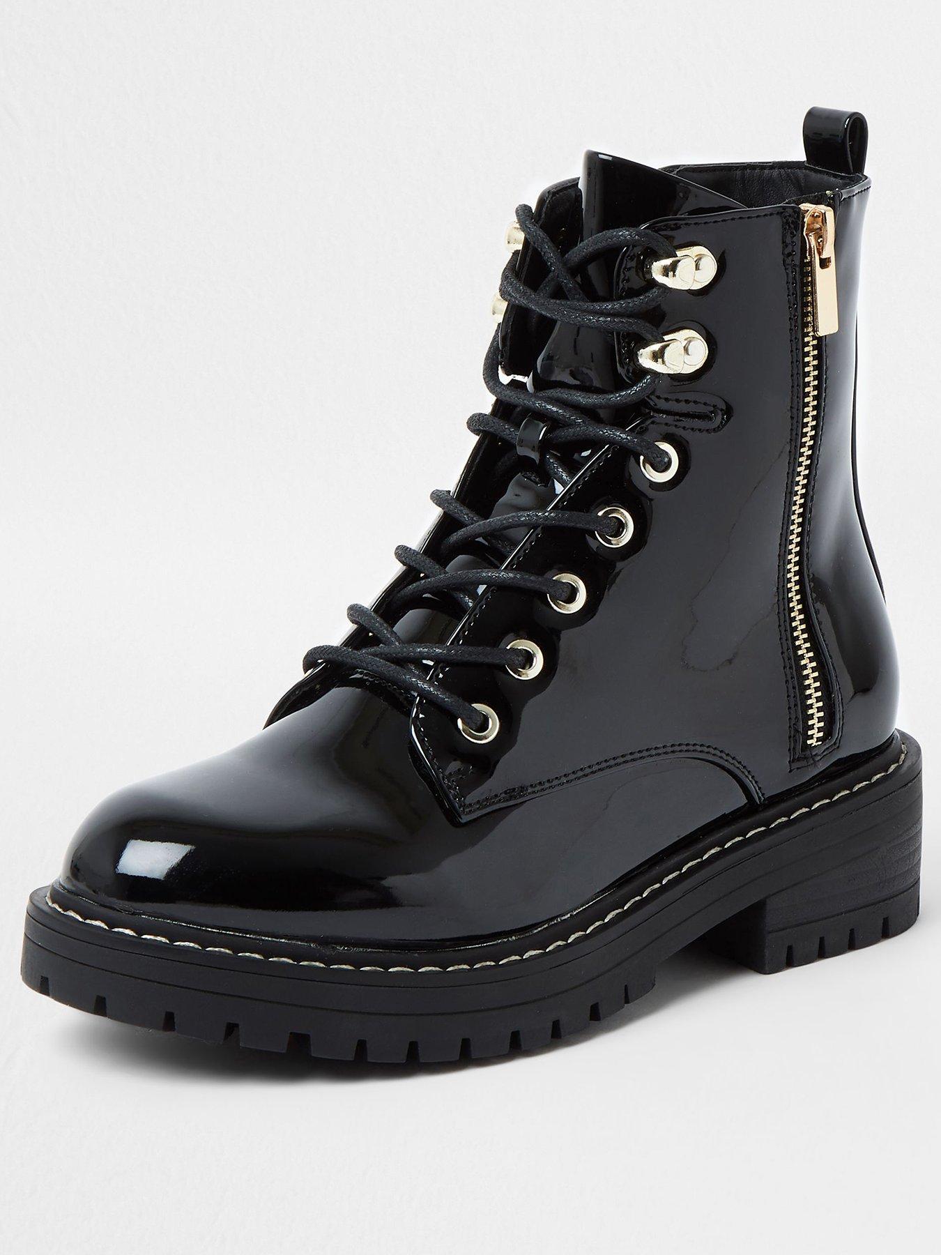 River Island Wide Fit Patent Lace Up Chunky Boot - Black ...
