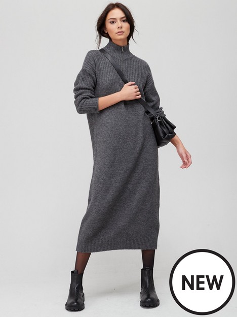 v-by-very-knitted-quarter-zip-dress-charcoal-marl
